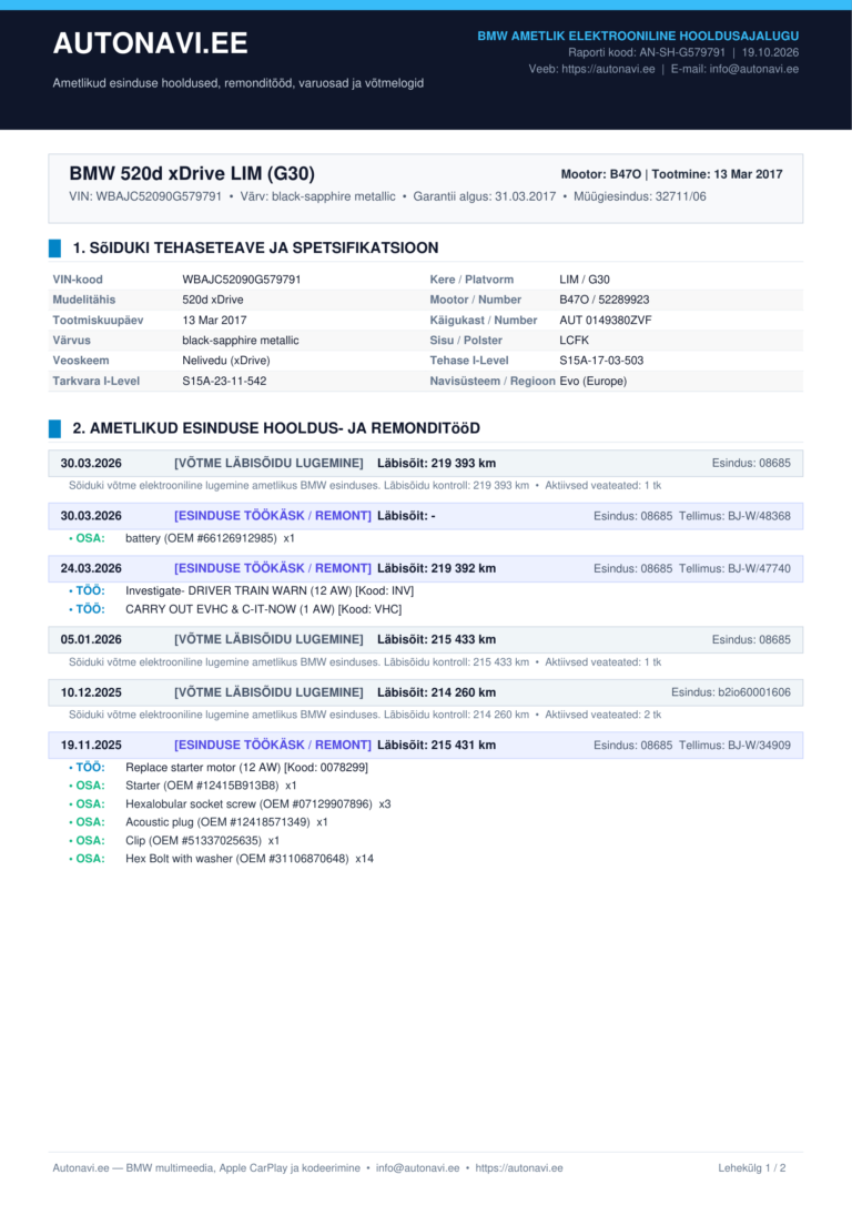 BMW Ametlik Täielik Hooldusajalugu (Service History)